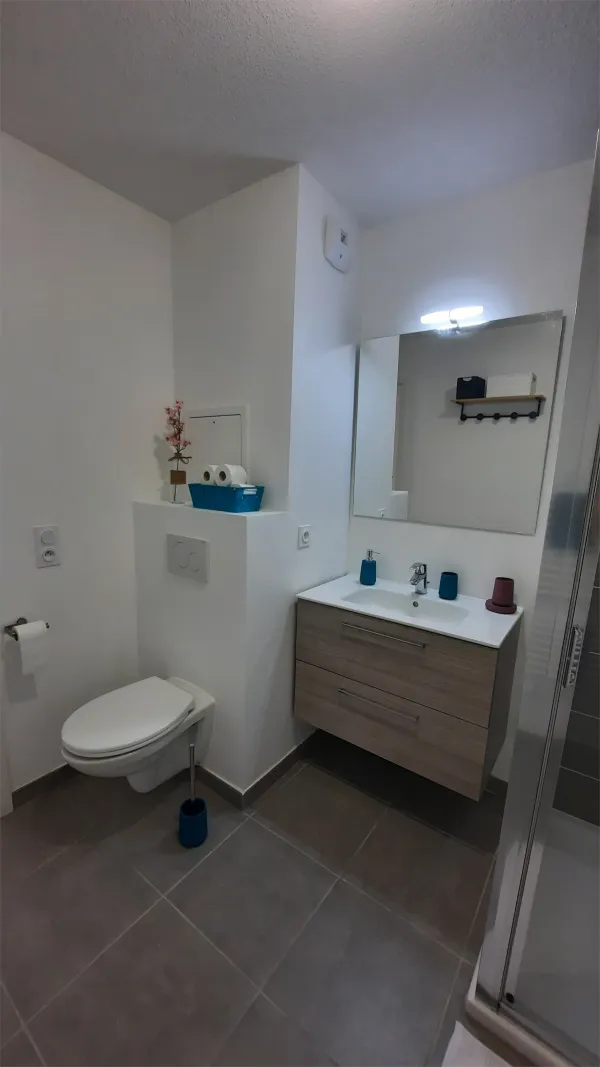 Douche, lavabo, toilette, rangement, sèche serviette