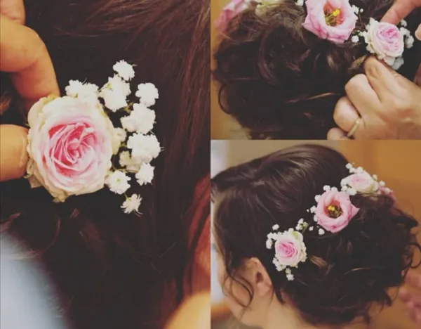 chignon fleurs roses