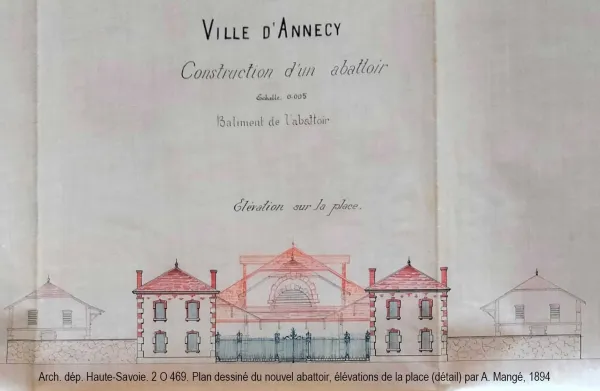 Plan dessiné du nouvel abattoir, élévations de la place (détail) par A. Mangé, 1894