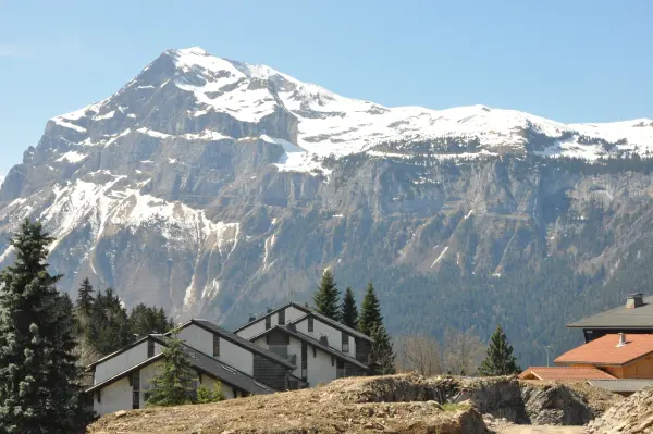Vue sur la pointe d'Areu au-dessus des chalets des Ecrins