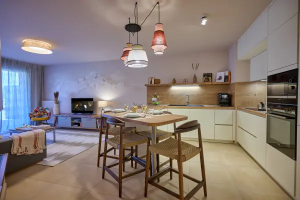 Vue d'ensemble salon + cuisine