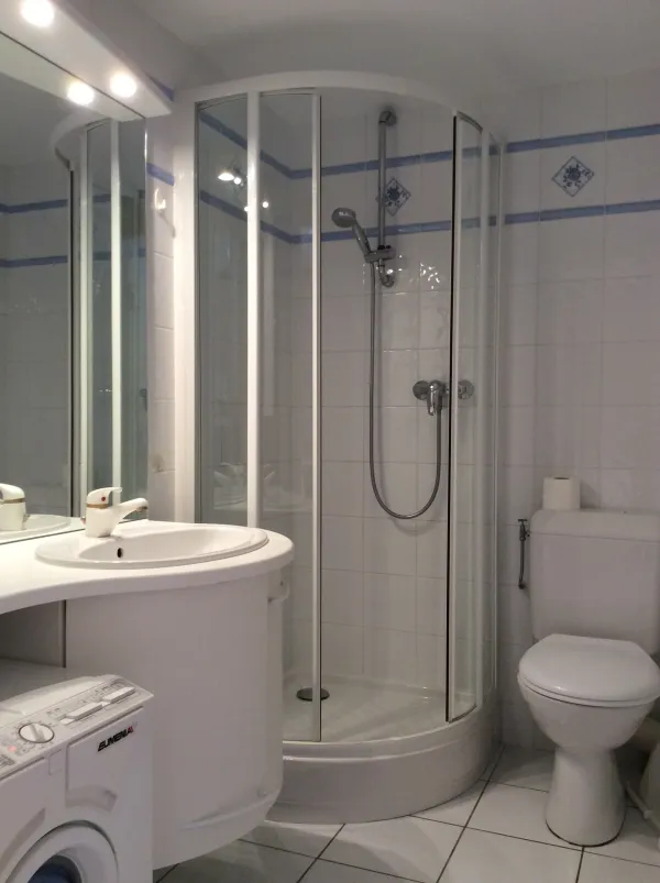 Salle de bain avec douche et lave-linge/Bathroom with a shower and a washing machine-Beaulieu-Le Grand-Bornand