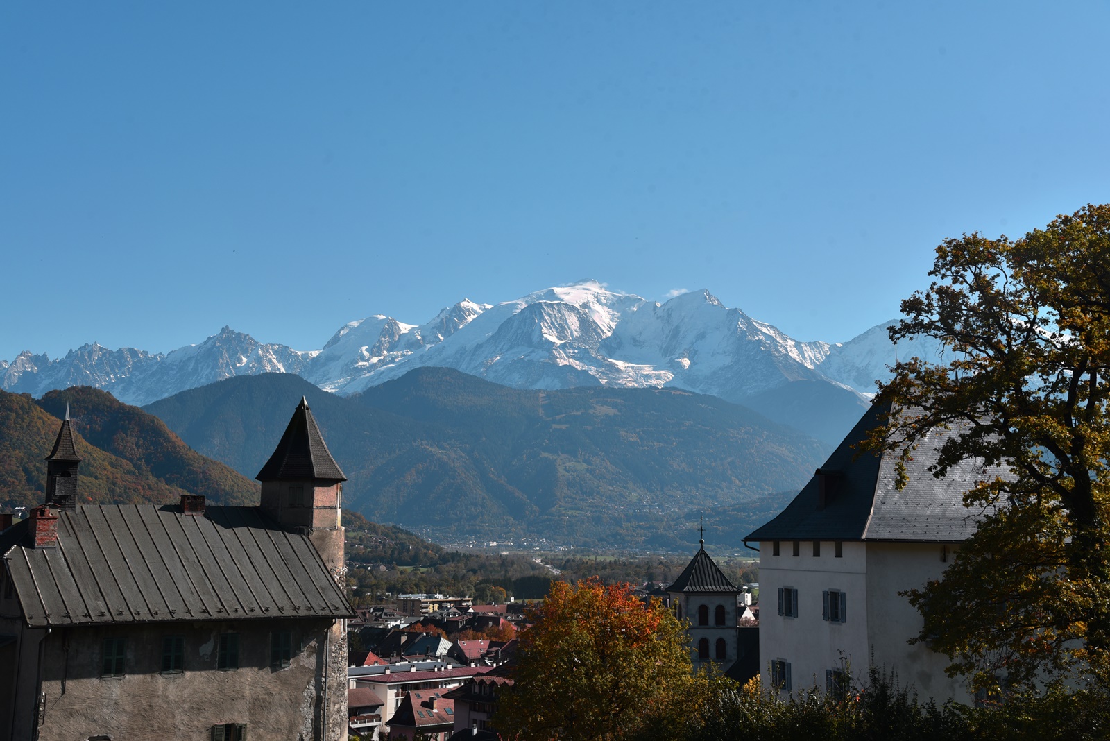 Vue sur la tour et le Mont-Blanc